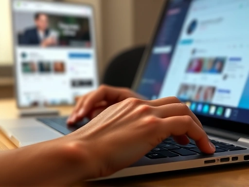 Close-up of hands typing on a laptop, with blurred screens showing social media profiles and online community forums, emphasizing focused online engagement and digital connection building.