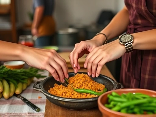 A close-up shot of hands engaged in a cooking class, with a local instructor patiently showing a solo traveler how to prepare a traditional dish. Fresh ingredients and a rustic kitchen setting are visible, emphasizing cultural exchange and connection.