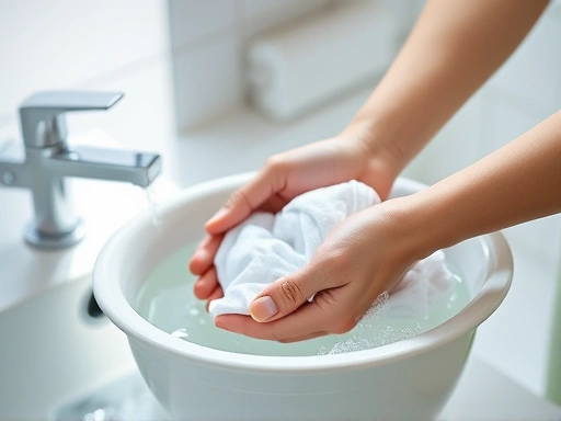 A brightly lit, clean bathroom scene where someone is gently hand washing clothes in a basin, with bubbles and clean water, focusing on the careful action, emphasizing freshness and cleanliness. SEO keywords: hand washing, clean laundry, basic steps.