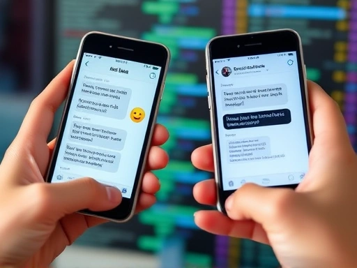 A close-up shot of two hands holding smartphones, displaying a chat interface with friendly messages and emojis, emphasizing safe and positive online interaction. The background is slightly blurred with digital elements.