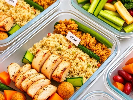 A close-up shot of a healthy meal prep container filled with colorful, balanced ingredients like grilled chicken, quinoa, and steamed vegetables, with small labels indicating portions, showcasing a practical approach to nutrition for single individuals, emphasizing freshness and convenience.