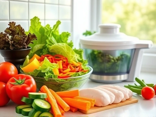 A brightly lit kitchen counter with a variety of fresh, colorful salad ingredients (lettuce, tomatoes, cucumbers, bell peppers, carrots, chicken breast) neatly arranged, alongside a salad spinner and a vegetable chopper. Focus on a vibrant, healthy aesthetic for easy healthy salad making.