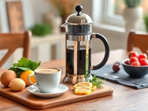 A cozy home cafe setup with a French press, a cup of coffee, and fresh ingredients on a wooden table, emphasizing ease of use for beginners.