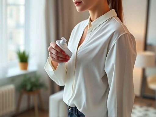 A cozy studio apartment setting, a person carefully using a home dry cleaning kit on a delicate blouse, soft lighting, modern, clean aesthetic.