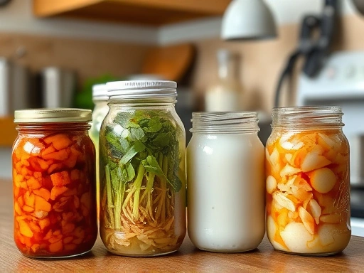A vibrant kitchen scene with various half-finished fermented foods like kimchi, sauerkraut, and yogurt in jars, showing the process of home fermentation.