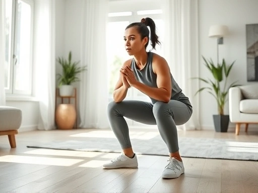 A focused shot of a person doing a bodyweight squat in a bright, minimalist living room, illustrating efficient home training for body management. Natural light, comfortable athleisure wear. Keywords: home training, bodyweight exercise, minimalist workout.