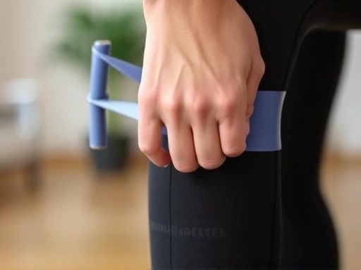 A close-up of a hand adjusting a resistance band around a leg, emphasizing the small, effective tools for home workouts. The background is blurred to highlight the band and the focused action. Keywords: resistance band, home workout tools, exercise equipment.