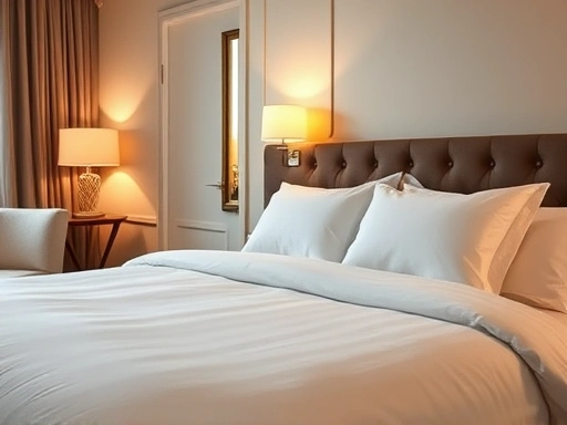 A clean, luxurious studio apartment with a neatly made bed with white linens and fluffy pillows, featuring warm, inviting lighting from a bedside lamp, creating a cozy and upscale hotel ambiance.