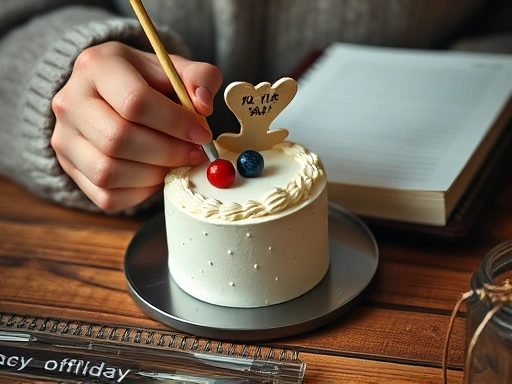 Close-up of hands decorating a small, personal cake or writing in a special journal, symbolizing a unique, individual celebration and thoughtful details during lonely holidays.
