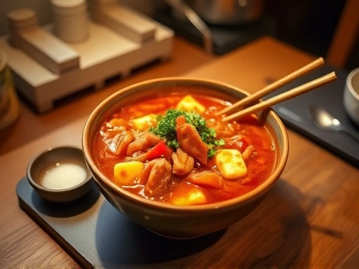 A cozy, steaming bowl of kimchi jjigae for one person on a wooden table, with chopsticks and a small rice bowl, warm lighting, home kitchen setting, Korean food blog style.