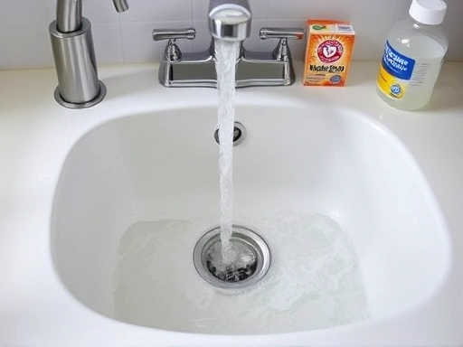 A clean, modern kitchen sink with water flowing freely, showcasing effective drain unclogging, with a hint of a DIY tool like baking soda and vinegar in the background. Bright, clear lighting.