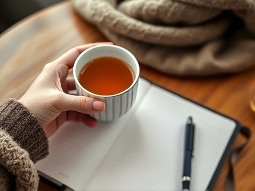 A close-up shot of hands holding a warm cup of tea, with a journal and a pen on a cozy table, representing self-reflection and comfort, soft lighting.