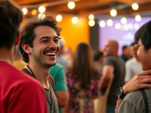 A person smiling and laughing while participating in a vibrant community social gathering, showing connection and happiness, well-lit, diverse group.