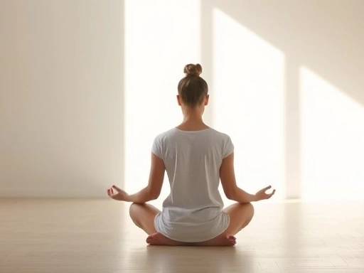 A person quietly meditating in a serene, minimalist room, bathed in soft, natural light, symbolizing self-reflection and inner peace.