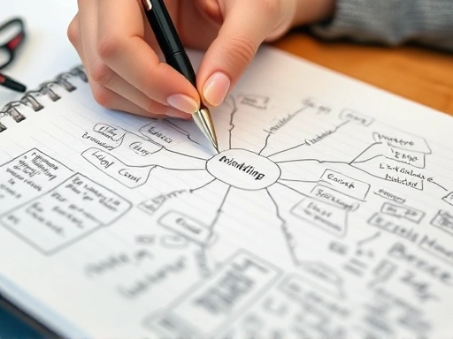 A close-up shot of hands holding a pen over a notebook filled with scribbled notes and a detailed mind map, illustrating the process of brainstorming and visually organizing complex thoughts, highlighting creative problem-solving.