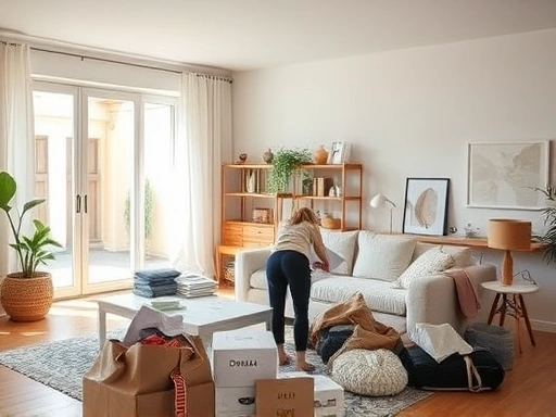 A serene, bright living room undergoing a decluttering process, with a person thoughtfully sorting items into donate, keep, and discard piles, emphasizing minimalist life and organization.