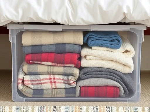 A close-up shot of a transparent under-bed storage box filled with neatly folded seasonal blankets and winter clothes, with a small dehumidifier sachet visible, demonstrating smart and compact storage for seasonal items.