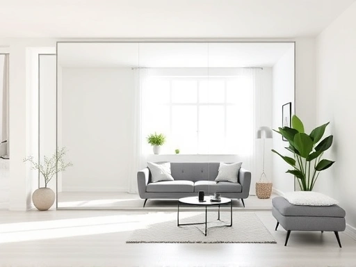 A minimalist living room with a large, frameless mirror reflecting natural light from a window, making the space appear significantly larger and brighter, with subtle modern furniture and a green plant, showcasing effective space expansion through mirror placement.