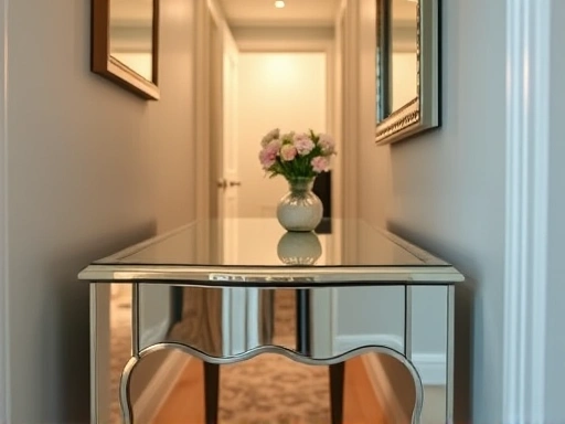 A close-up shot of a decorative mirrored console table in a narrow hallway, reflecting soft indoor lighting and a small vase of flowers, emphasizing how mirrored furniture subtly enhances spatial depth and brightness in confined areas.