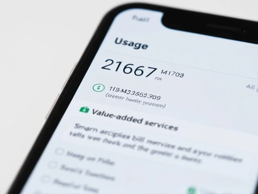 A close-up shot of a smartphone screen displaying a mobile carrier app with usage statistics and a prompt for checking value-added services, emphasizing smart communication bill management and optimization for single users.