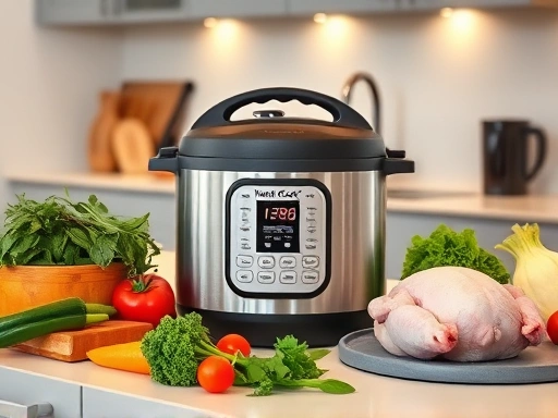 A modern kitchen scene with a sleek multi-cooker on a counter, surrounded by fresh vegetables, herbs, and raw chicken, ready for one-pot cooking. Warm, inviting lighting.