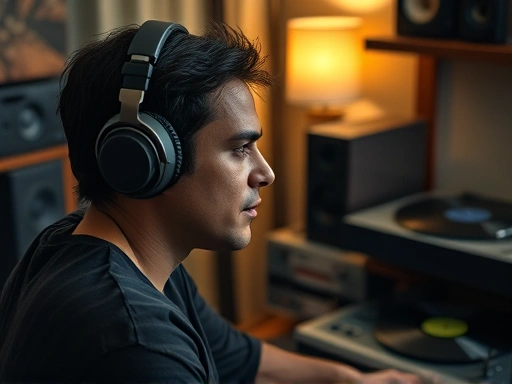 A person wearing high-fidelity headphones, deeply engrossed in listening to music in a comfortable, softly lit room, surrounded by various audio equipment and a vinyl player, emphasizing a rich music listening experience, detailed, realistic.