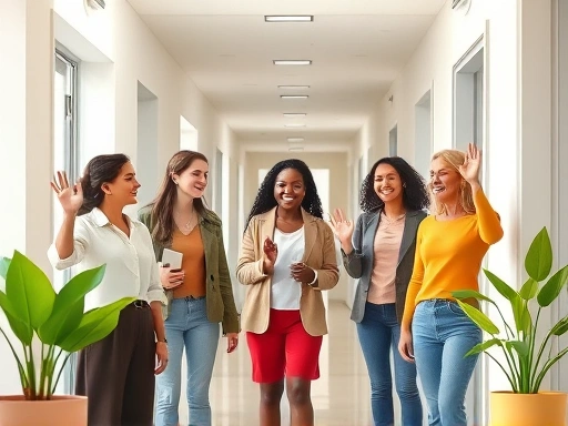 A warm, bright illustration of diverse neighbors smiling and waving to each other in a clean, modern apartment complex hallway, with plants and natural light. Keywords: neighborly relations, community etiquette, friendly interaction.
