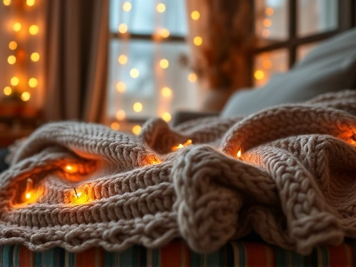 A close-up of a warm, inviting one-room apartment interior, featuring a soft knitted blanket, warm-toned string lights, and autumn-themed decor like dried flowers, creating a cozy and comfortable feel for colder seasons.