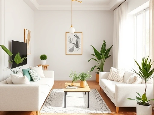 A cozy, modern one-room apartment interior transformed for spring, with pastel fabrics, fresh green plants, soft daylight, and light-colored furniture, showing a bright, refreshing atmosphere.