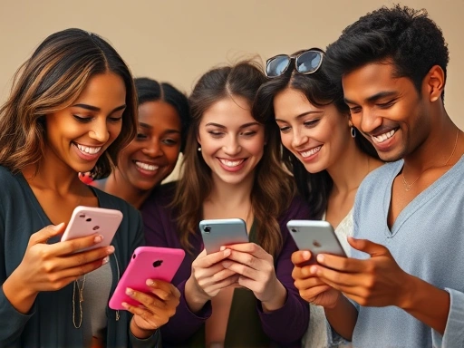 A diverse group of smiling people interacting on their smartphones, with dating app interfaces subtly visible on screens, conveying connection and modern dating. Realistic, natural lighting.
