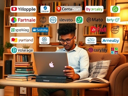 A person studying online comfortably at home, surrounded by books and a laptop, with a warm and productive atmosphere, featuring various online learning platform logos in the background.