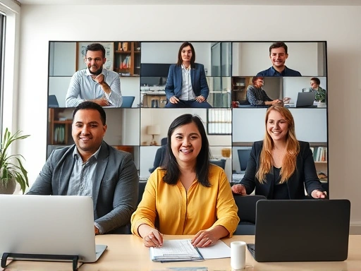 A diverse group of professionals actively engaged in a well-organized online meeting, showing good posture and engaged expressions, with a clear focus on effective virtual communication, professional setting, bright and clear lighting, online meeting, communication skills.