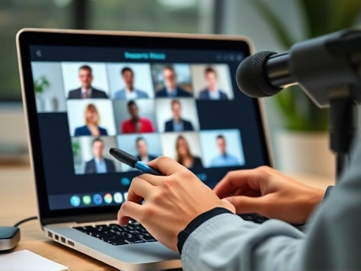 Close-up of a laptop screen displaying a virtual meeting, with hands typing notes and a microphone visible, focusing on details of online communication tools and etiquette, professional, well-lit desk, online meeting, etiquette, communication.
