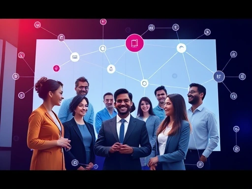 A diverse group of professionals from various backgrounds interacting positively on a virtual platform, showing networking, collaboration, and shared knowledge. Bright, positive, digital interface elements with clear online connections.