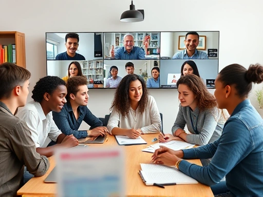 A diverse group of students collaborating effectively in an online study group session, using various digital tools like video conferencing and shared documents, with a focus on teamwork and productive discussion.
