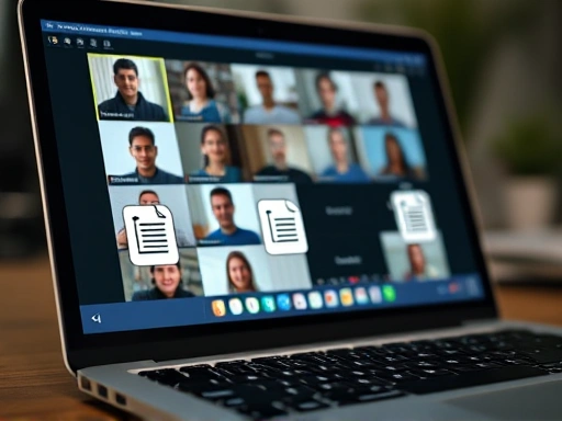 A close-up shot of a laptop screen showing a virtual meeting interface with multiple participants, overlaid with icons representing shared documents and chat messages, symbolizing active online study group interaction.