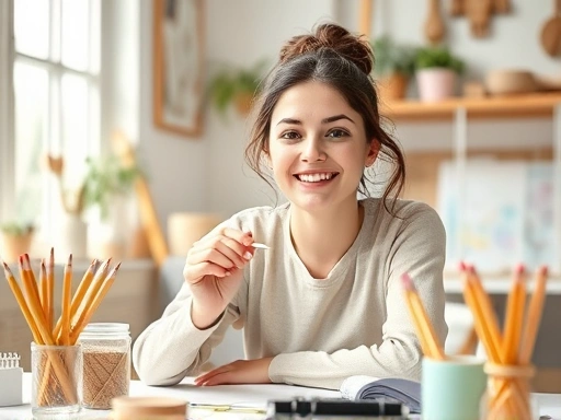 A person with a warm, encouraging smile drawing with a pencil in a cozy, bright art studio, surrounded by simple art supplies, perfect for a beginner's guide to drawing. Focus on the creative process and accessibility, with natural light and a welcoming atmosphere, including drawing and hobby keywords.
