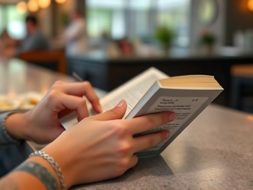 Close-up of a person's hands holding a book while eating a meal at a counter, focus on the food and book, natural solo dining experience.