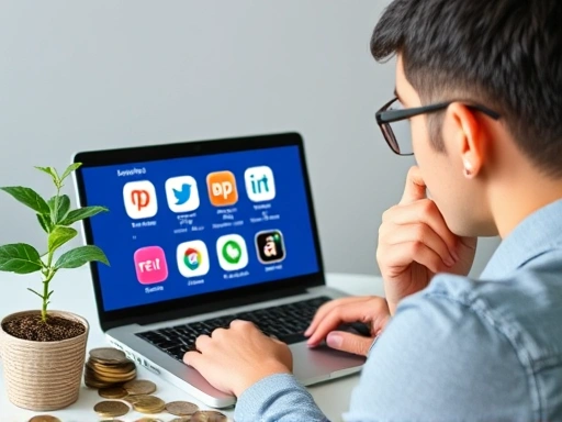 A person thoughtfully looking at a laptop screen displaying various subscription app icons, surrounded by coins and a growing plant, symbolizing financial growth and mindful spending. Clear, modern setting.