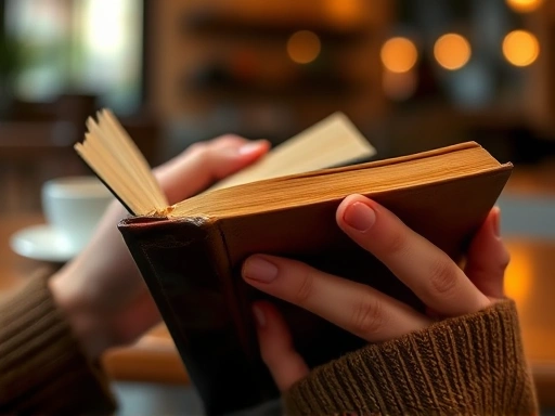 A close-up of hands holding a well-worn book or a tablet, with a blurred coffee cup and warm lighting in the background, showing quiet personal activity in a cafe setting.