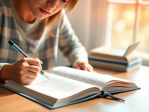 A person quietly writing in a journal at a desk, surrounded by natural light, symbolizing clarity and personal reflection through writing, with an emphasis on thought organization and a peaceful atmosphere.