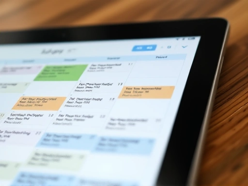 Close-up of a well-organized digital calendar or planner on a tablet screen, showing neatly scheduled work tasks alongside leisure activities and personal appointments, symbolizing effective work-life time management and organization.