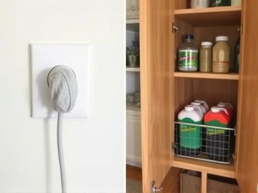 A close-up shot of a safe pet-proofing solution, such as a covered electrical cord or a secure cabinet for pet supplies. The image highlights specific safety measures in a home setting, demonstrating attention to detail in creating a secure environment for pets.