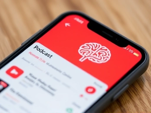 Close-up of a smartphone screen showing a podcast app interface with play button, episode list, and a brain icon symbolizing knowledge acquisition, with blurred background.