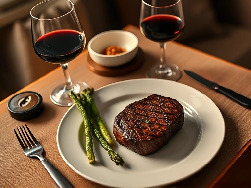 A high-angle shot of a beautifully arranged premium solo dining setup, featuring a small, elegant plate with a perfectly seared steak, roasted asparagus, and a glass of red wine, all illuminated by soft, warm light in a cozy home setting, highlighting comfort and quality. Focus on high-quality ingredients.