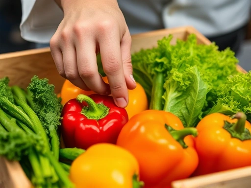 A close-up shot of a chef's hand selecting fresh, vibrant seasonal vegetables like colorful bell peppers and crisp green lettuce from a wooden crate, emphasizing freshness and quality ingredients for a single serving. Focus on detail and texture.