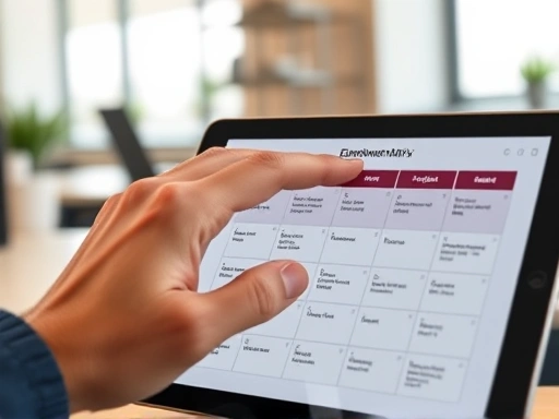 Close-up shot of a hand highlighting tasks on a digital planner or tablet with an Eisenhower Matrix on screen, emphasizing focused work and strategic prioritization in a modern office setting.