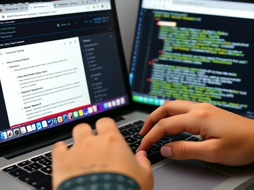 Close-up of hands typing code on a laptop keyboard, with multiple open browser tabs showing online tutorials and official documentation. A small, completed personal project icon is visible on the screen, representing practical application and portfolio building in self-taught professional skill development. This image highlights hands-on practice.