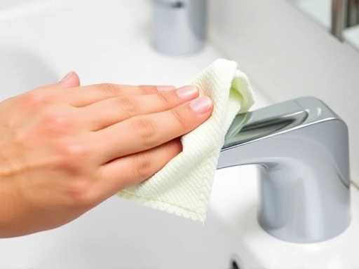 Close-up of a hand quickly wiping a shiny bathroom faucet with a microfibre cloth, showing water spots disappearing. Focus on the quick, effective cleaning action.