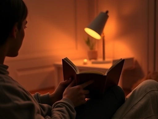 A person quietly reading a small book in a cozy corner, representing the gentle start of a new habit, with warm lighting and a calm atmosphere. Focus on peaceful immersion.